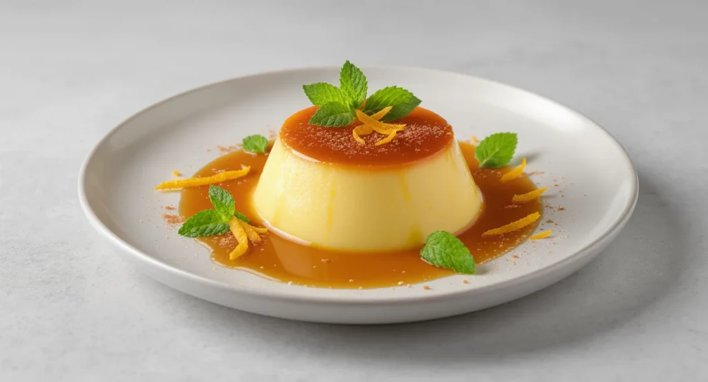 Easy Flan Napolitano Recipe with smooth texture and caramel glaze, garnished with mint leaves.