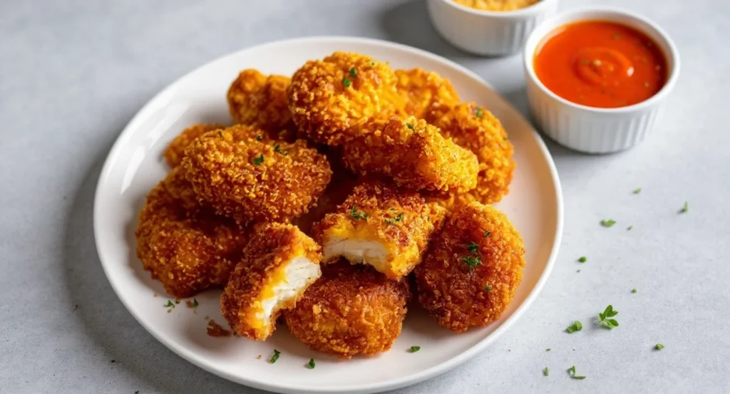 Easy Ground Chicken Bites recipe presented on a platter with tasty dipping sauces.