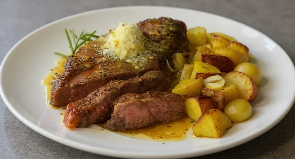 Easy New York Strip Steak Recipe served with herb butter and crispy roasted potatoes.