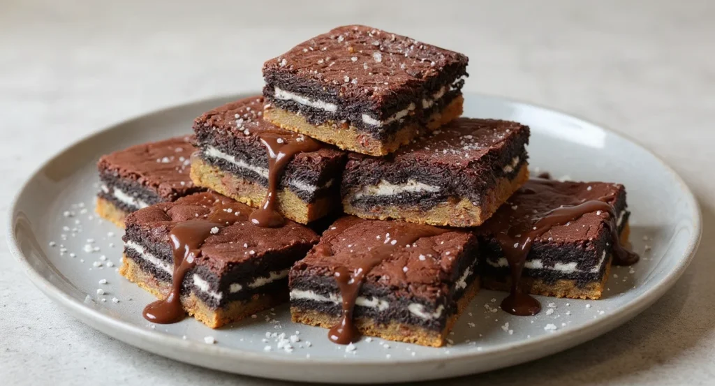 Delicious squares of Easy Slutty Brownie Recipe topped with chocolate drizzle