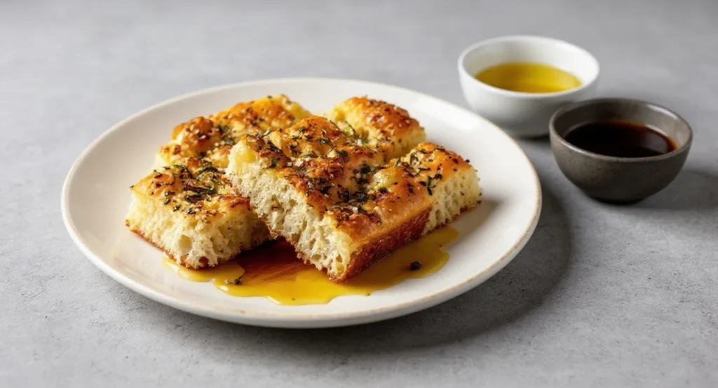 Easy Sourdough Focaccia Recipe with airy, golden-brown slices topped with herbs, perfect for dipping in olive oil and balsamic.