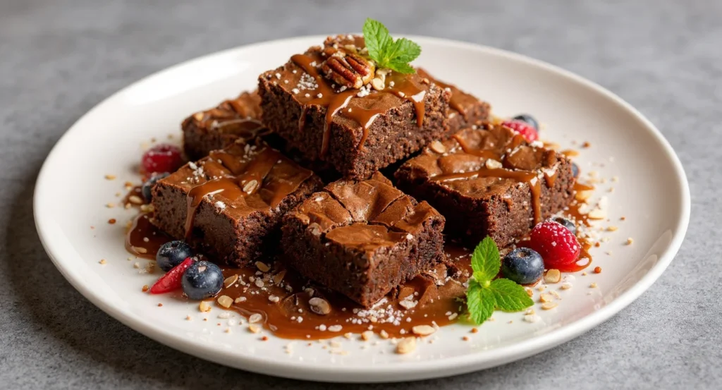 Easy Sweet Potato Brownies Recipe topped with caramel, pecans, fresh berries, and mint leaves