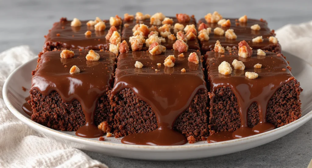 Moist Easy Texas Sheet Cake Recipe cut into squares with glossy chocolate icing