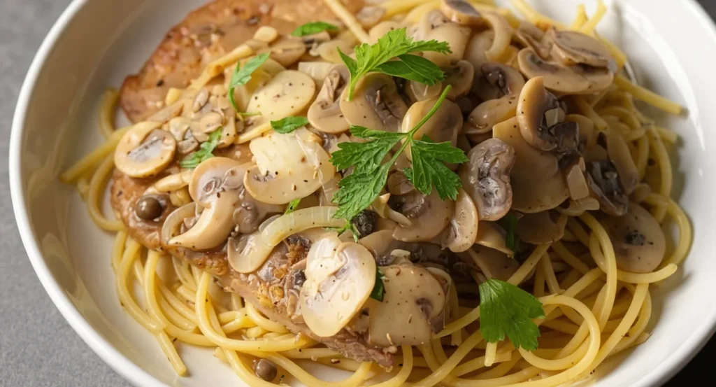 Easy Veal Scallopini Recipe with mushrooms and spaghetti pasta on a white plate