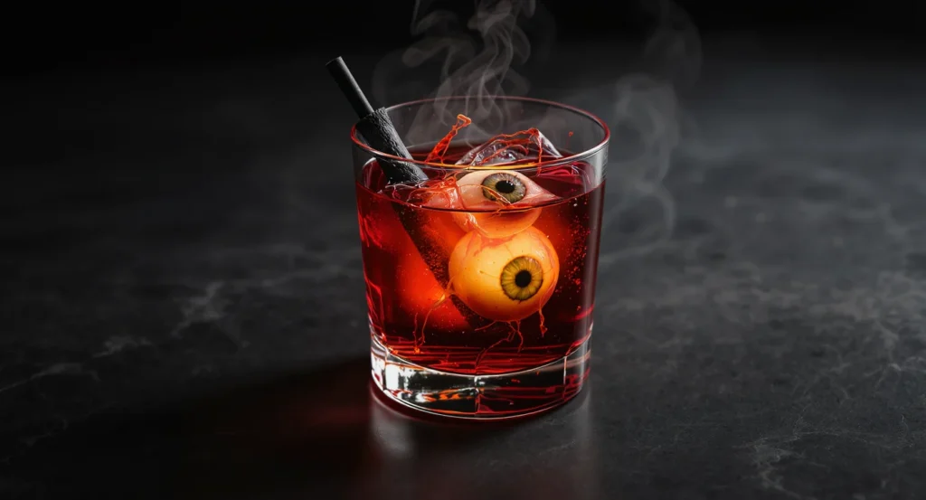 Spooky Eyeball Potion Halloween Drinks Cocktails served on ice for Halloween parties.