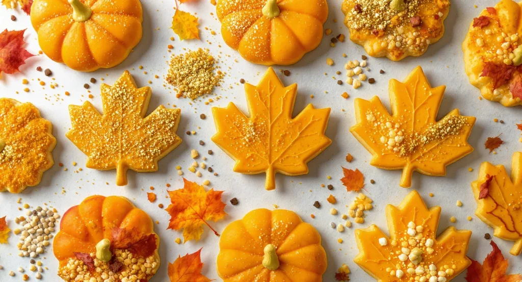 Decorated Fall Pumpkin and Maple Leaf Sugar Cookies perfect for holiday baking.
