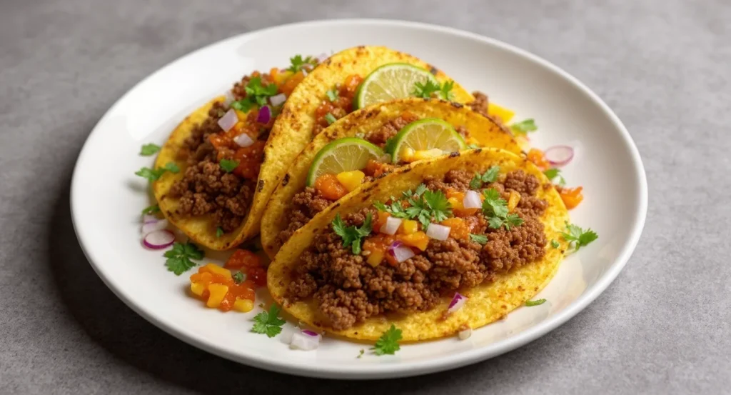 Ground beef taco meat recipe plated with colorful vegetables and lime slices.