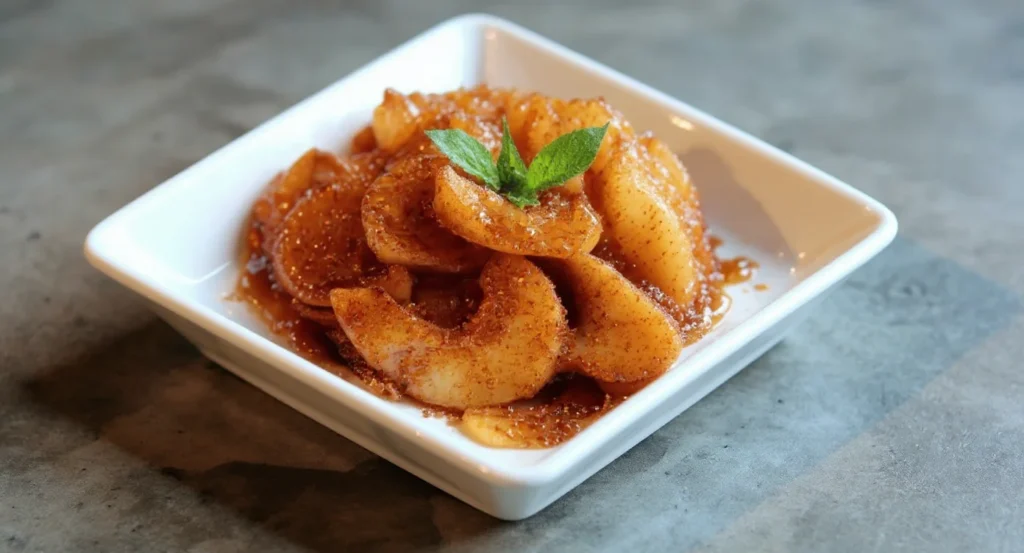 Easy southern fried apples recipe with caramelized cinnamon apples in a serving bowl.