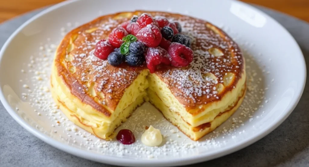 Authentic German Pancake Recipe topped with fresh berries and powdered sugar