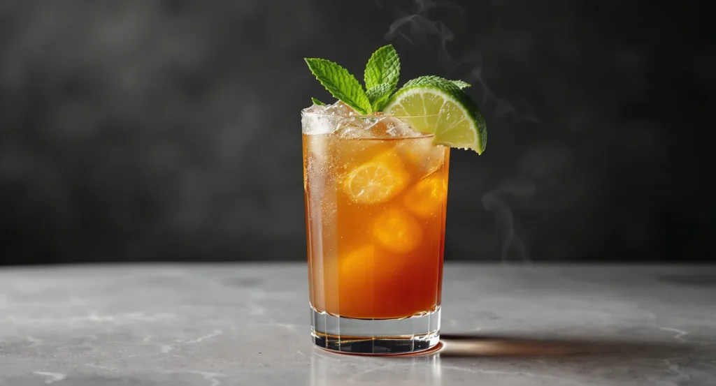 Authentic Mai Tai Recipe cocktail with ice, lime, and mint garnish in a glass.