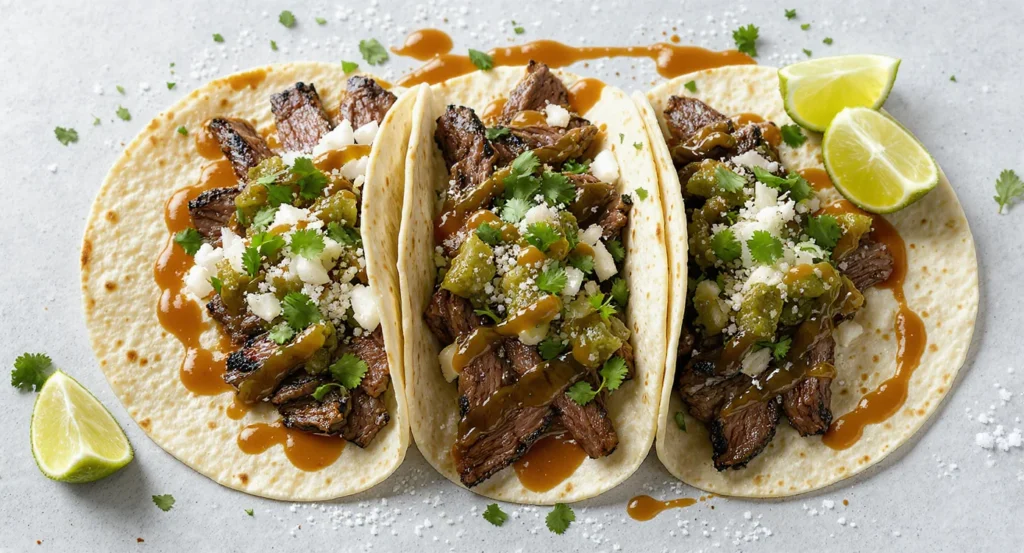 Authentic Mexican Steak Tacos Recipe with grilled beef, salsa verde, cilantro, and lime wedges