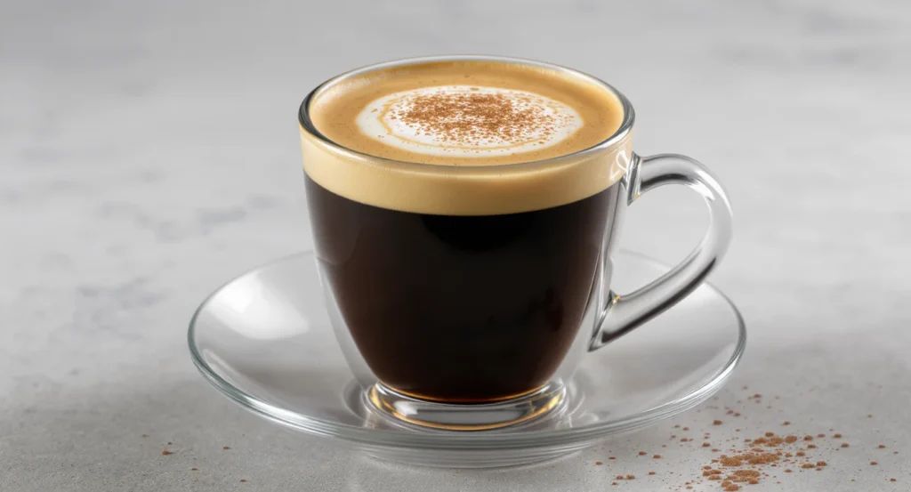 Hot creamy coffee served in a clear cup prepared with the Best Coffee Loophole Recipe.