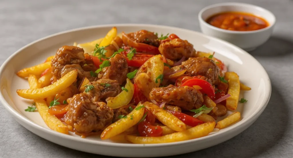 Chicken Lomo Saltado Recipe featuring crispy fries, tender chicken, and colorful vegetables.