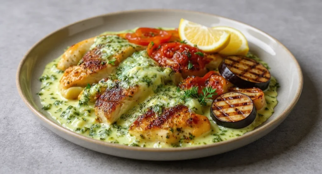 Creamy Pesto Chicken Recipe with grilled vegetables and rich herb sauce