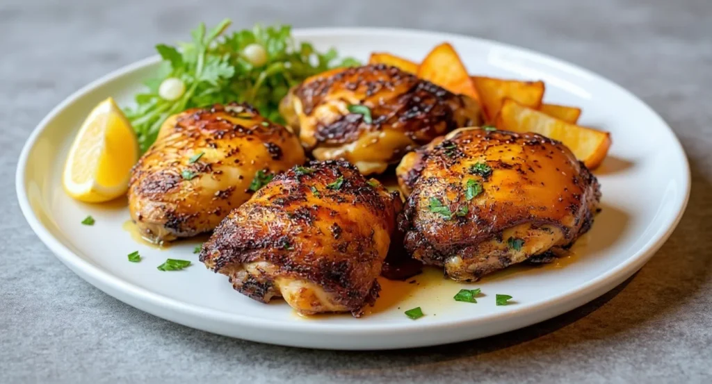 Crispy Chicken Thighs In Air Fryer with golden skin, potato wedges, and fresh herbs.