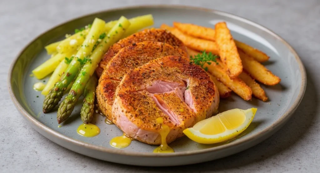 Easy Air Fryer Tuna Steak Recipe served with asparagus, fries, and lemon wedge.
