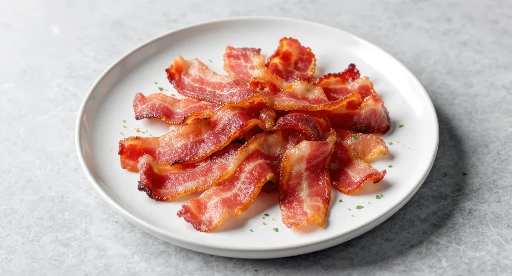 Crispy strips of homemade beef bacon served on a white plate – Easy Beef Bacon Recipe.