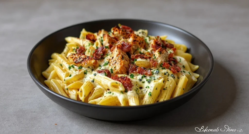 Easy Chicken Bacon Ranch Pasta Recipe with creamy ranch sauce, crispy bacon, and tender chicken over penne pasta