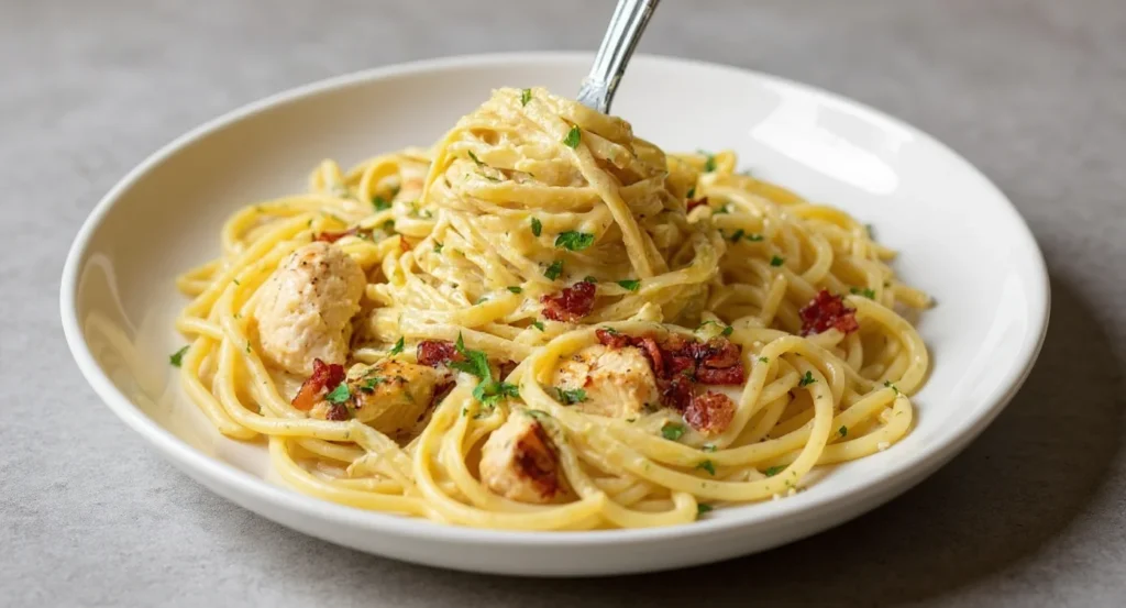 Easy Chicken Carbonara Recipe with creamy pasta, tender chicken, and crispy bacon served in a white bowl.