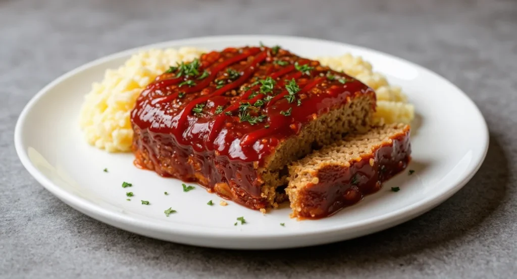 Easy Cracker Barrel Meatloaf Recipe topped with rich glaze and herbs, served alongside mashed potatoes.