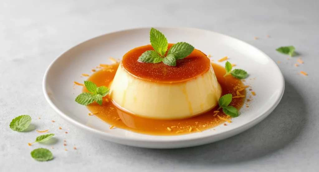 Easy Flan Napolitano Recipe with caramel topping and mint garnish on a white plate.