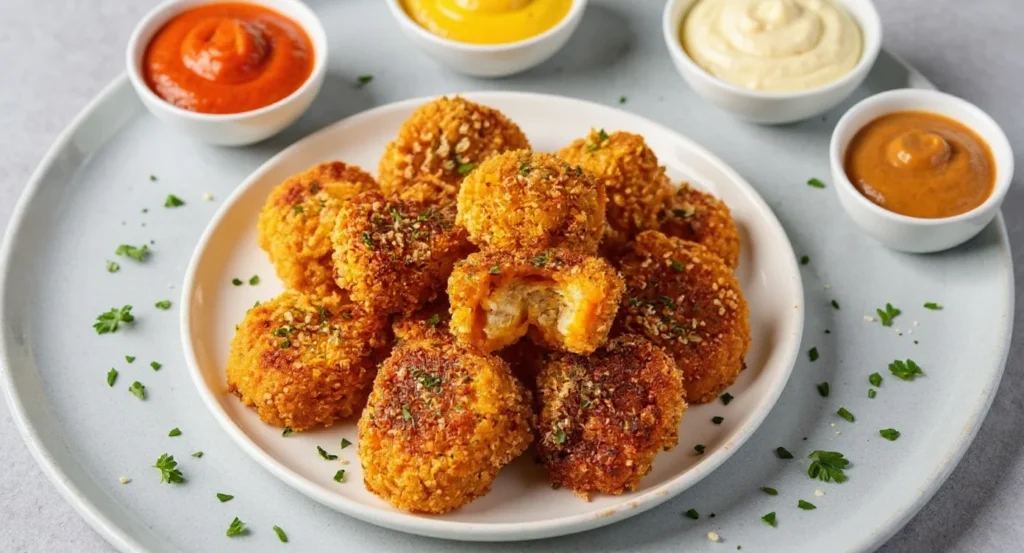 Easy Ground Chicken Bites recipe served with assorted dipping sauces on a plate.
