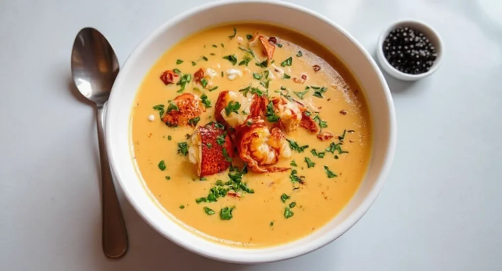 Easy Lobster Bisque Recipe served in a bowl with fresh lobster chunks and herbs