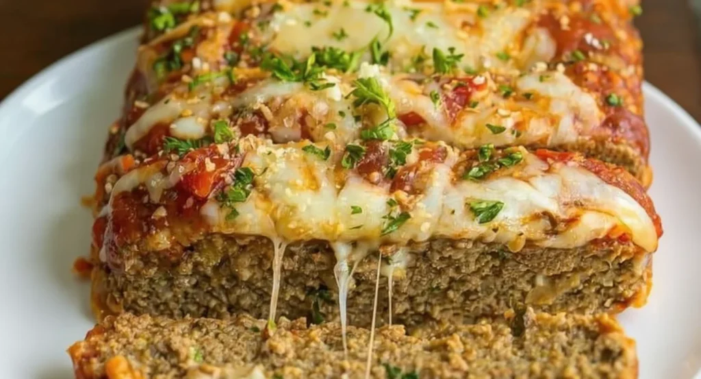 Easy Meatloaf Recipe with Ground Beef topped with marinara sauce and melted cheese