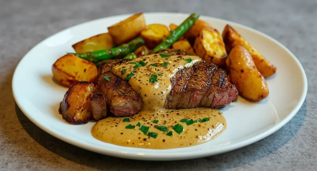 Easy New York Strip Steak Recipe with creamy peppercorn sauce, roasted potatoes, and asparagus.