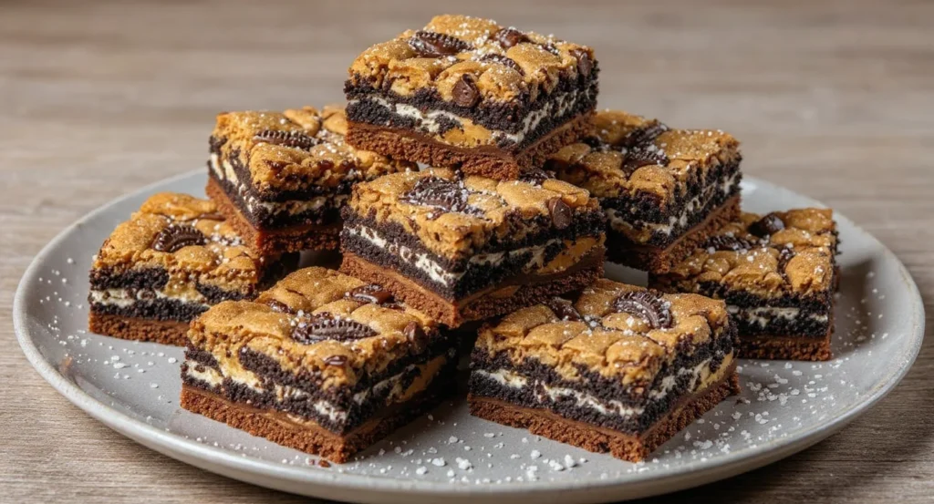 Easy Slutty Brownie Recipe with Oreo, cookie, and brownie layers
