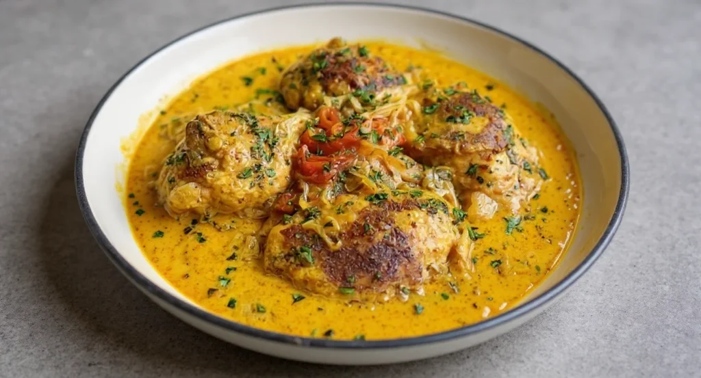 Easy Smothered Chicken Recipe with tender chicken thighs in savory onion gravy.