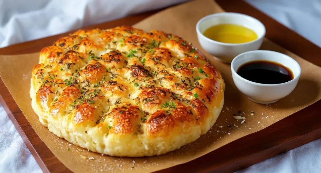 Easy Sourdough Focaccia Recipe baked golden brown with garlic, herbs, and flaky sea salt, served with olive oil and balsamic.