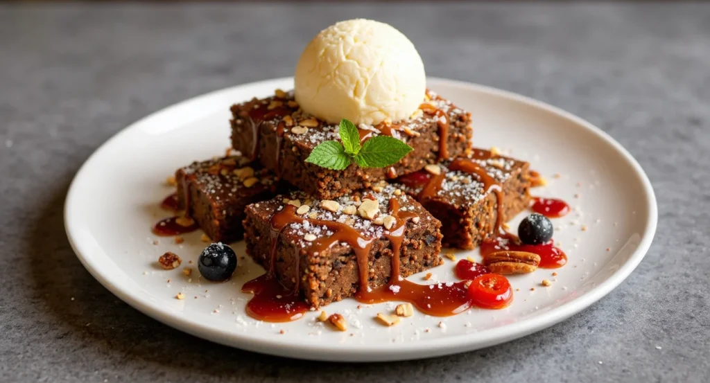 Easy Sweet Potato Brownies Recipe with caramel drizzle, vanilla ice cream, nuts, and berries