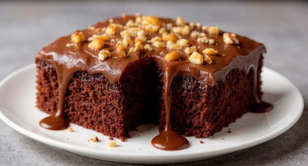 Easy Texas Sheet Cake Recipe with chocolate frosting and chopped walnuts