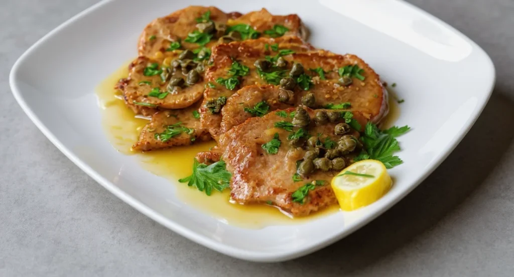 Easy Veal Scallopini Recipe with capers, lemon, and fresh parsley garnish