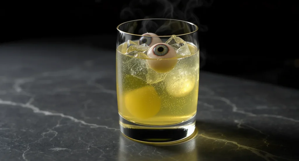 Creative Eyeball Potion Halloween Drinks Cocktails in a glass with floating eyeballs and ice.