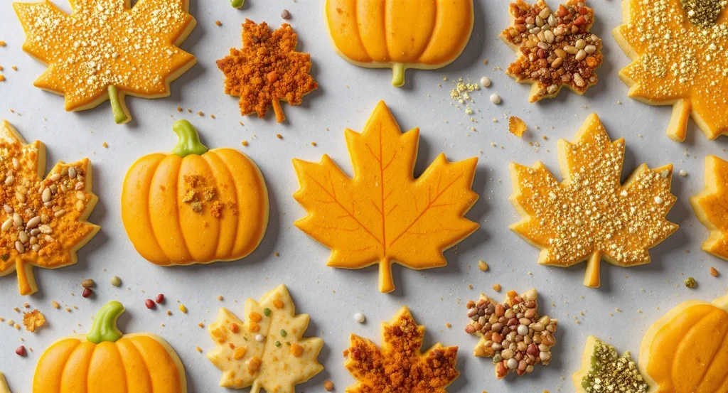 Fall Pumpkin and Maple Leaf Sugar Cookies decorated with sprinkles and autumn toppings.