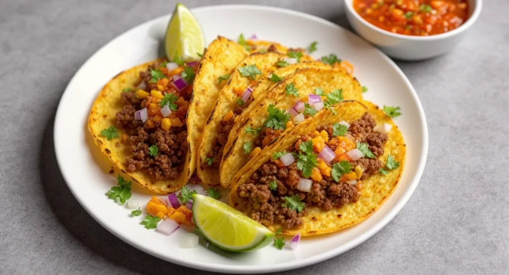Ground Beef Taco Meat Recipe with fresh toppings in crispy taco shells