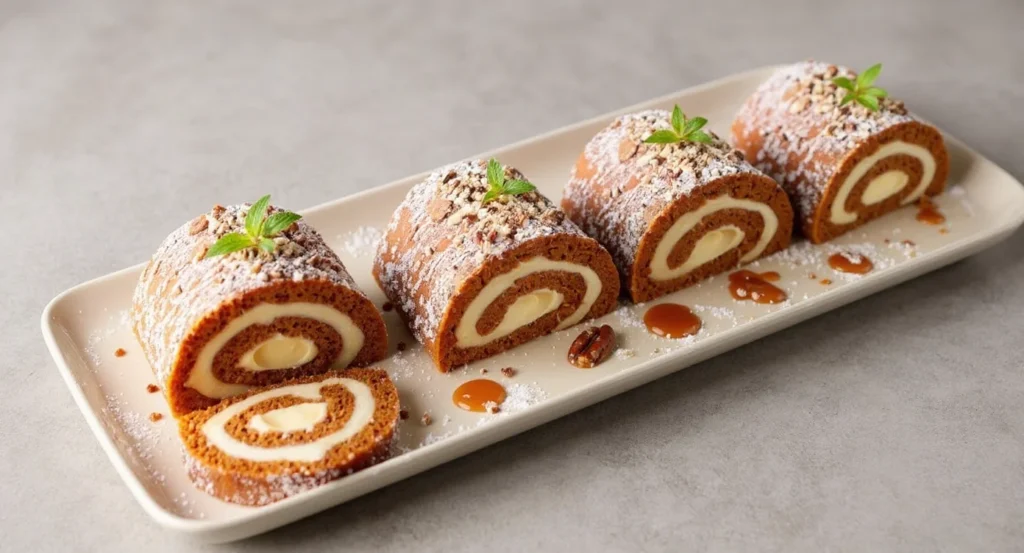 Healthy Pumpkin Roll Dessert with cream cheese filling and pecan garnish