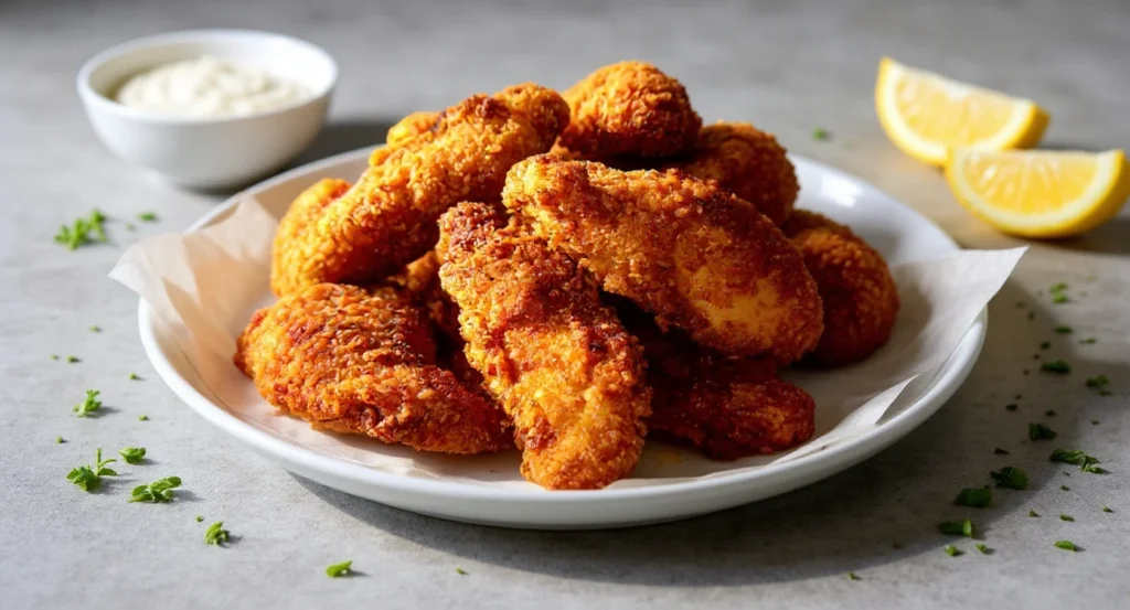Crispy golden Homemade Fried Chicken Recipe served with lemon and dipping sauce.