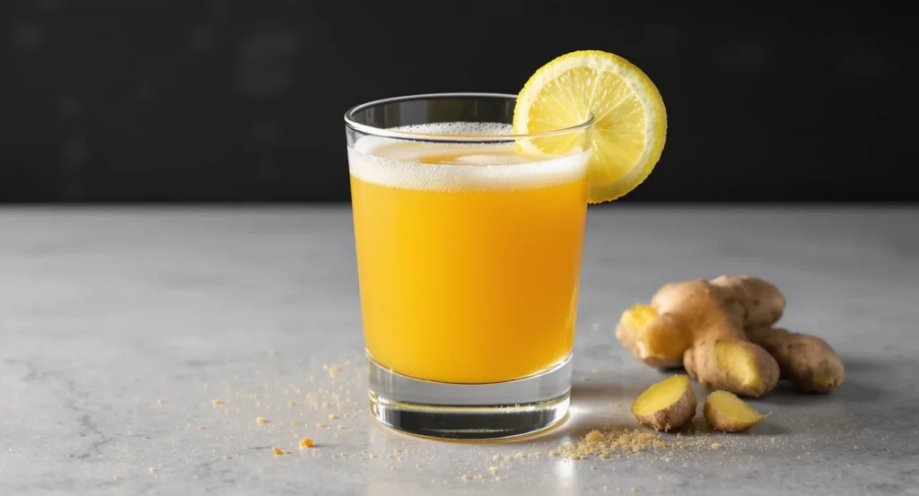 Homemade Ginger Shot Recipe with fresh ginger root and lemon garnish in a glass.
