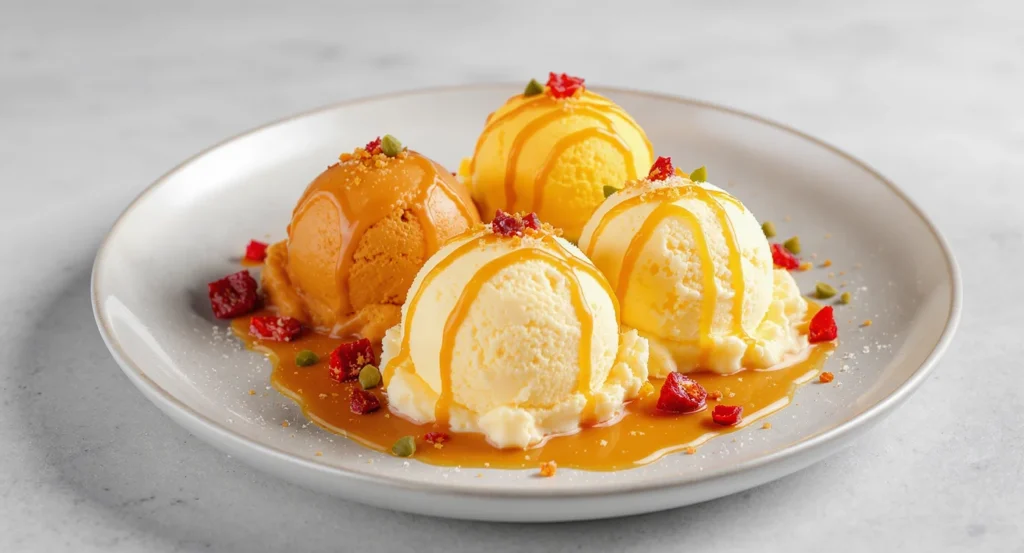 Homemade Mexican Ice Cream Recipe with caramel drizzle and festive toppings