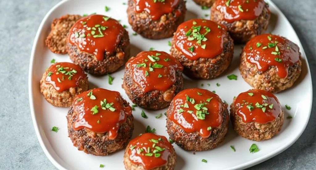 Juicy Muffin Tin Mini Meatloaf Recipe topped with ketchup glaze and fresh parsley on a white plate.