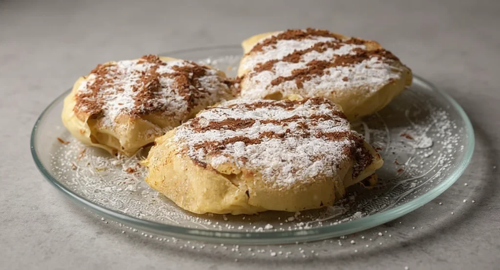 Moroccan Chicken Pastilla topped with powdered sugar and cinnamon on a glass plate