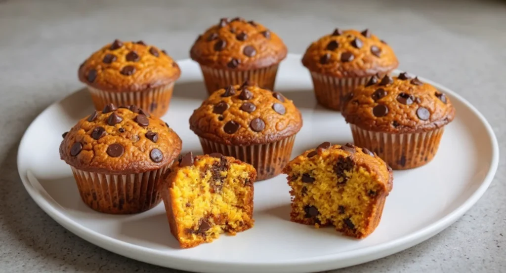 Pumpkin Chocolate Chip Muffins Recipe topped with rich chocolate chips