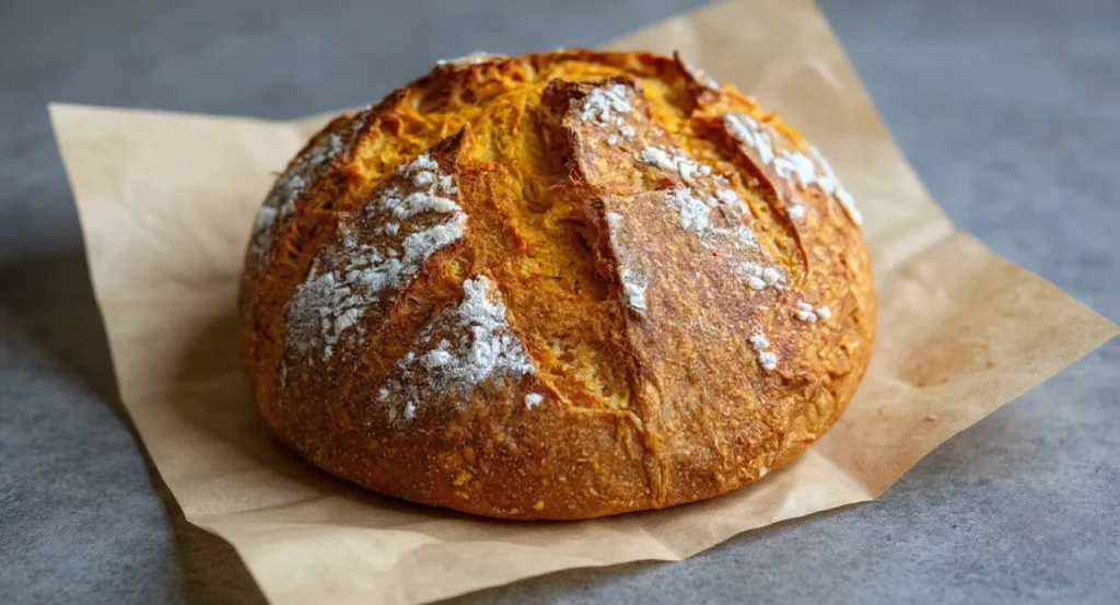 Golden artisan loaf on parchment paper – Pumpkin Sourdough Bread Recipe.