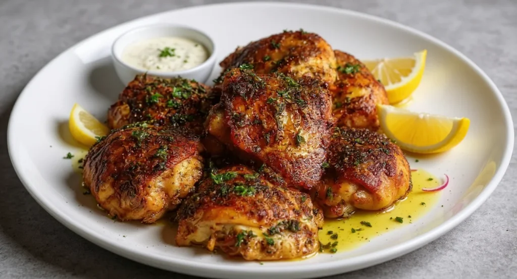 Crispy chicken thighs in oven with lemon and herbs on a serving plate