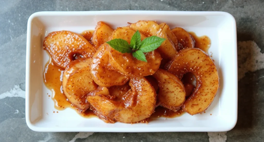 Easy southern fried apples recipe with cinnamon glaze served in a white dish.