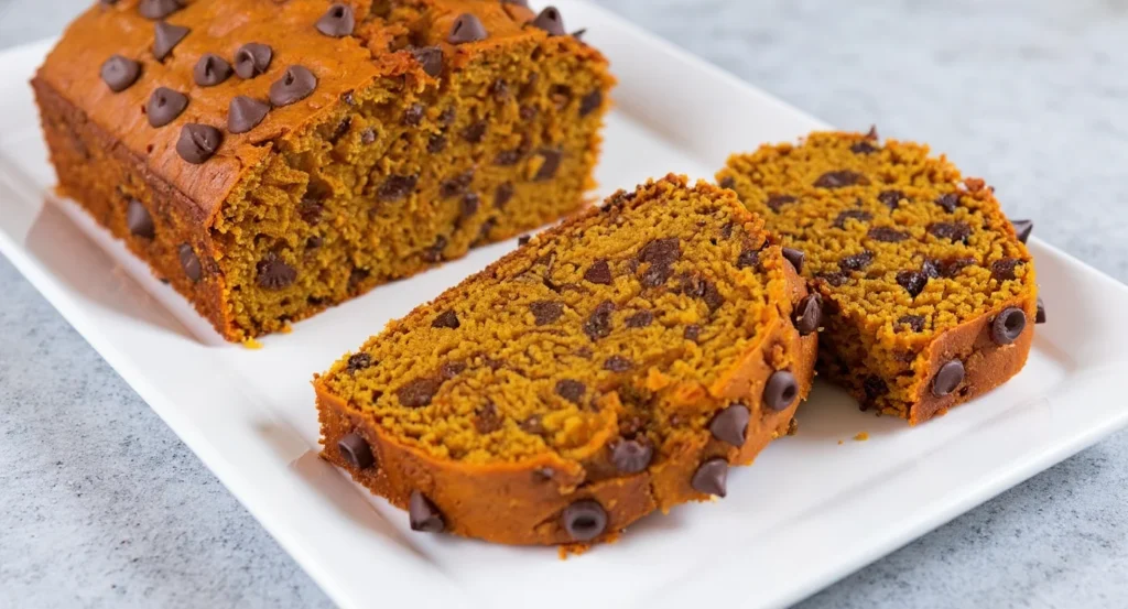 Pumpkin chocolate chip bread recipe with moist slices full of chocolate chips served on a white plate
