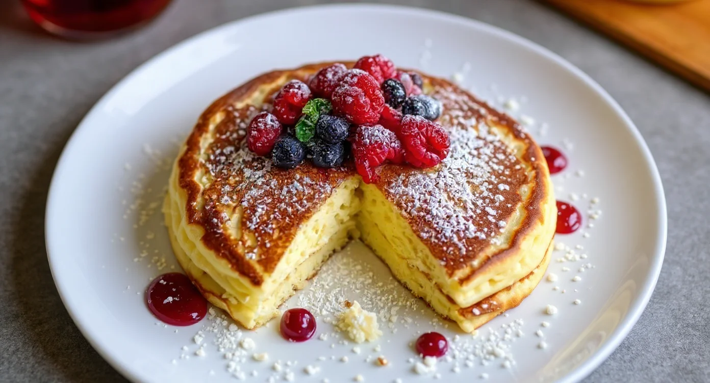 Authentic German Pancake Recipe served with fresh berries and powdered sugar on a white plate